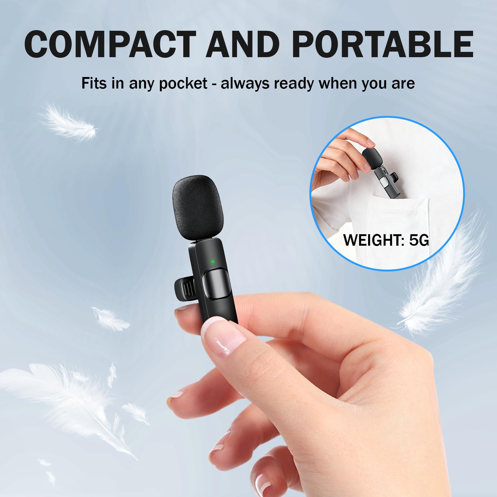 SURPN Microfono Lavalier Wireless per iPhone, Android, iPad, Fotocamera, MiMi Microfono Plug-play con Riduzione del Rumore, per YouTube, TikTok, Vlog,Conferenze, Registrazione Video e Live Streaming
