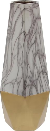 Miniatura 1 de Deco 79 Jarrón decorativo de cerámica para centro de mesa de mármol sintético con base dorada, jarrón de flores para decoración del hogar, 7 x 7 x