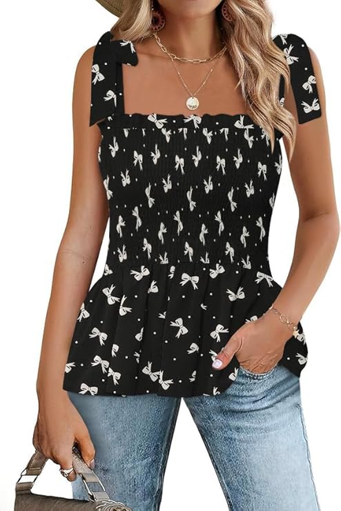 Micoson Ruffle Tank Tops for Women Summer Square Neck Sleeveless Tops Tie Shoulder Chiffon Blouse Babydoll Shirts
