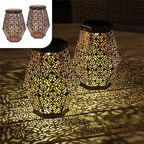 Gadgy Solar Lanterns Outdoor Hexagon | Set of 2 | Solar Powered Lantern with Moroccan Appearance | Decorative Garden Lamps | LED Lights and Copper-Coloured Metal | Waterproof Cover