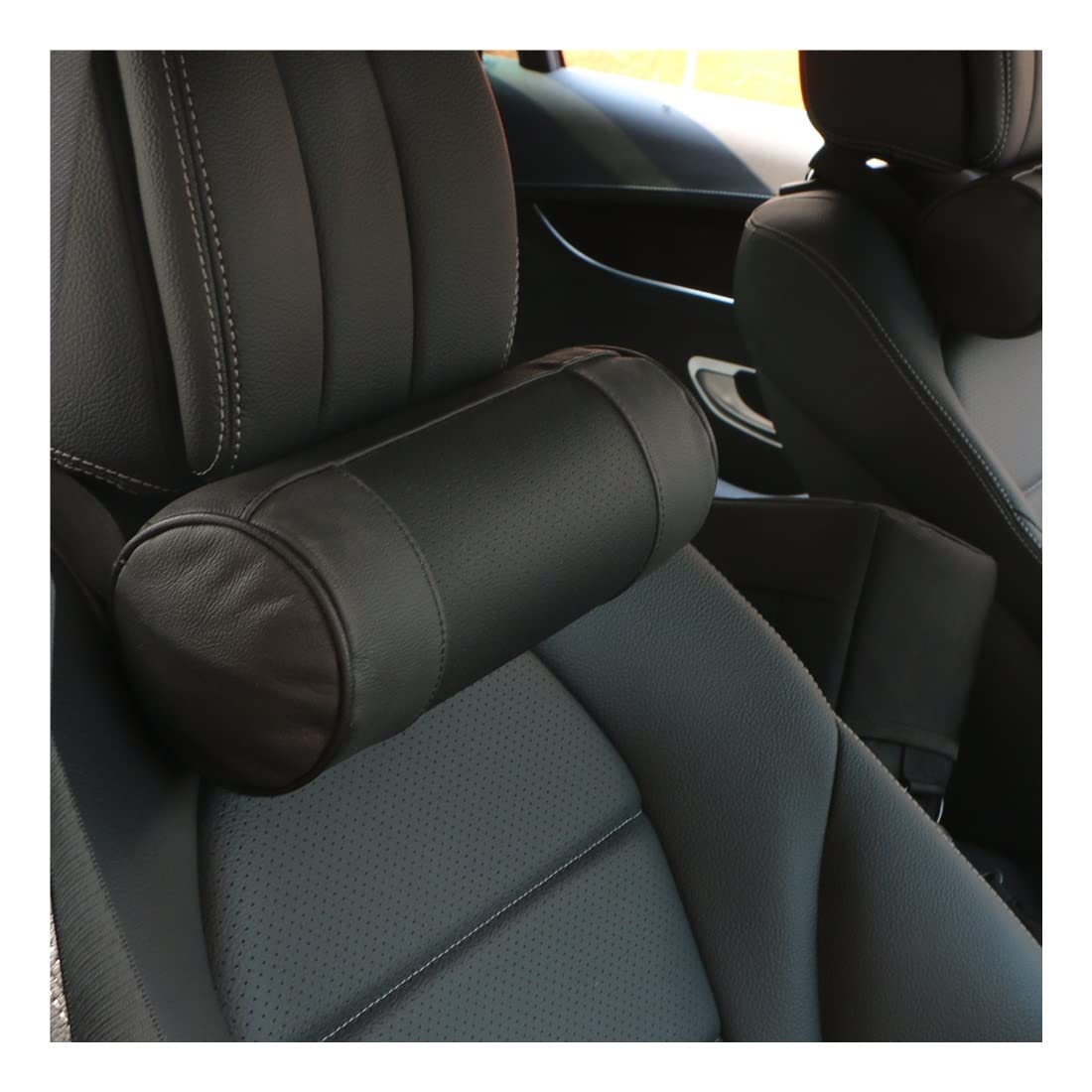 Memory Foam Auto Collo Cuscino/Vera Pelle Auto Cervicale Rotondo Rotolo Sedia da Ufficio Supporto Poggiatesta Supporta Cuscino Nero (Color : Black)