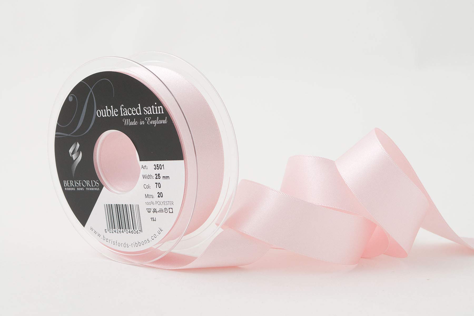 Berisfords Double FACE Poly Satin Ribbon, Pale Pink, 25 mm