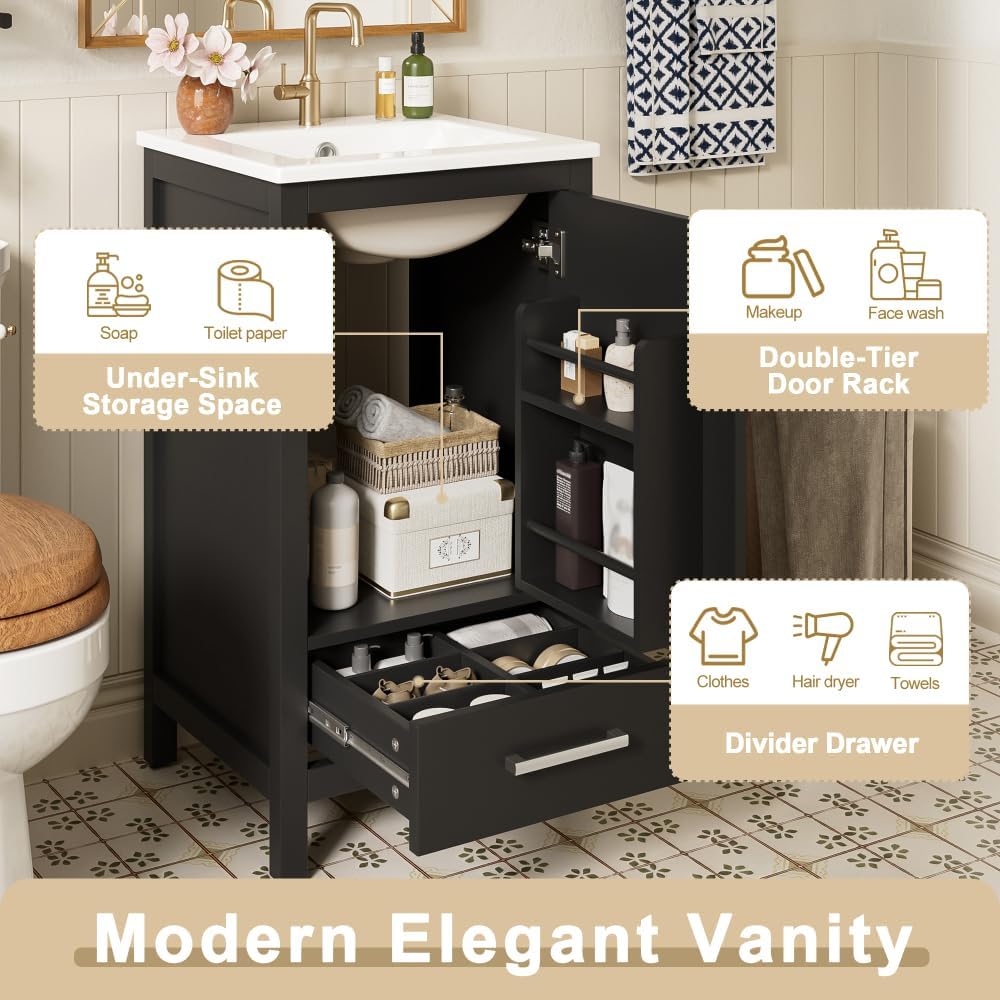 18 Inch Bathroom Vanity with Sink, Modern Bathroom Vanities 18" with Sink, Solid-Wood MDF Cabinet Ceramic Sinks 1 Faucet Hole, Soft-Close Door with Shelf, Divider Drawer, Easy Assembly (18",Black)