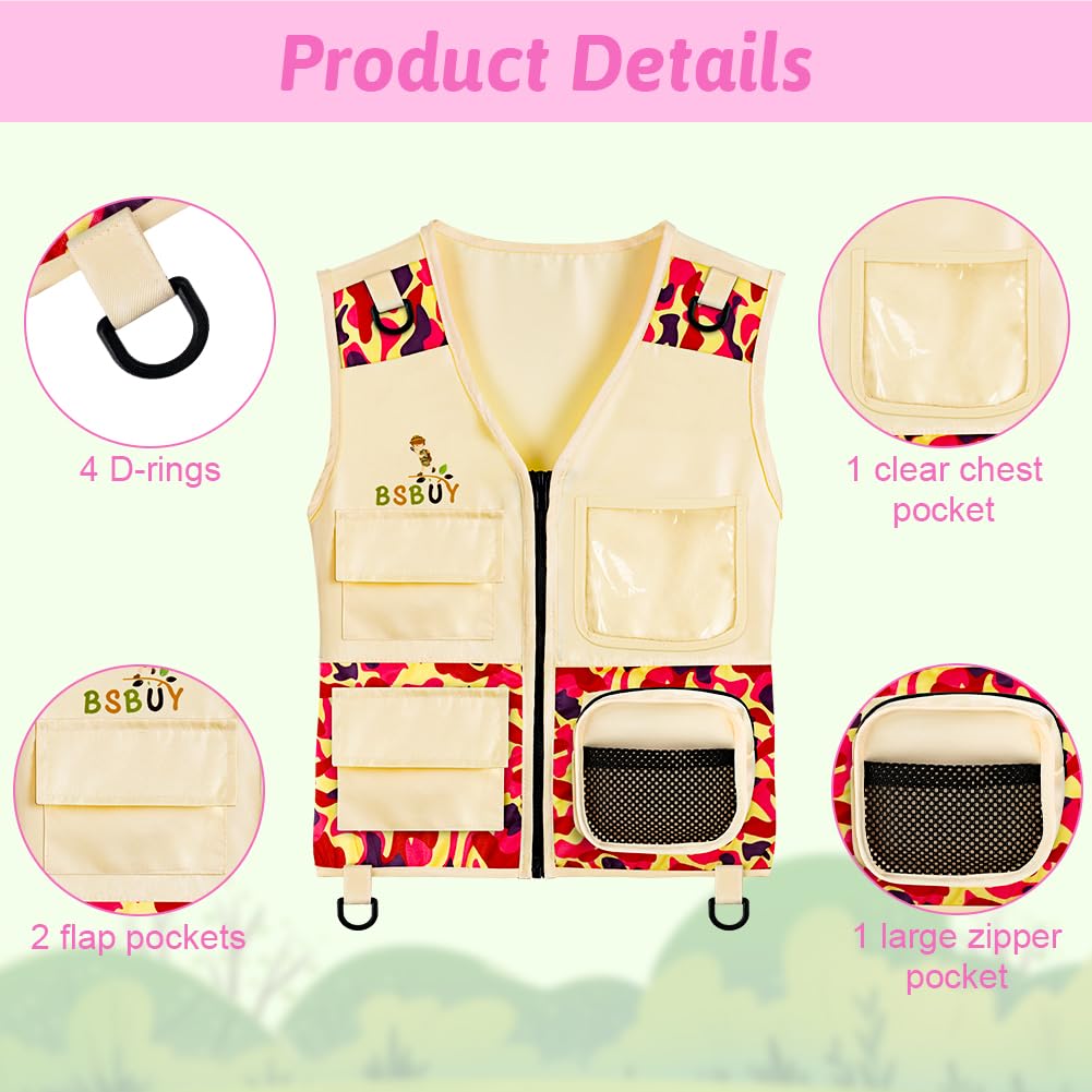 Kit d'exploration Enfants, 4Pcs Costume Explorateur Extérieur Camouflage avec Filet à Papillons et Loupe, Kit de Aventurier Extérieur, Cadeau d'exploration Nature pour Garçon Fille, Orange - 3