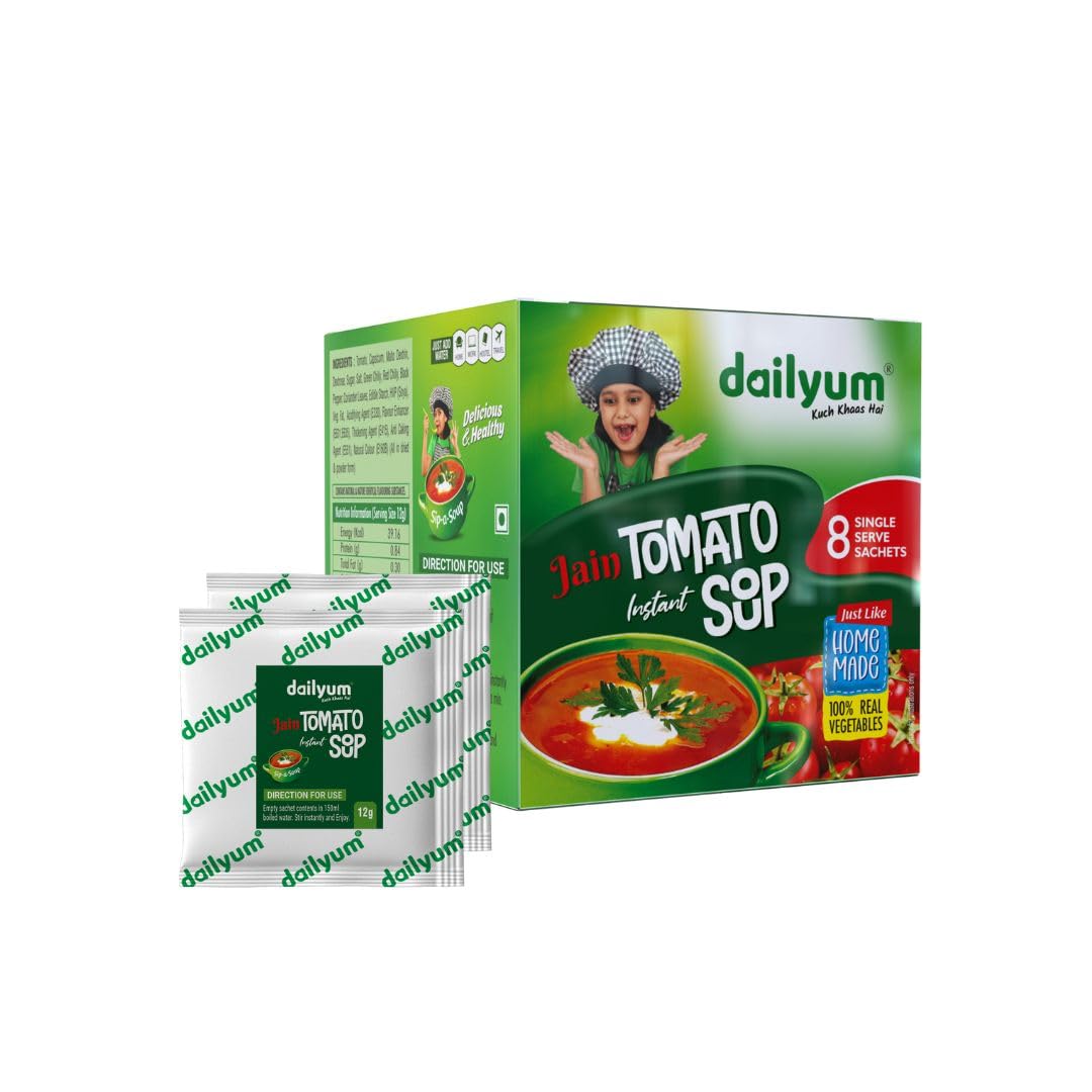 Dailyum Jain Instant Tomato Soup| 8 Single Serve Sachets | Just Boil-Stir-Sip | 12g Each Sip-A-Soup| Natural | No MSG | Pack of 2 Box | Travel friendly