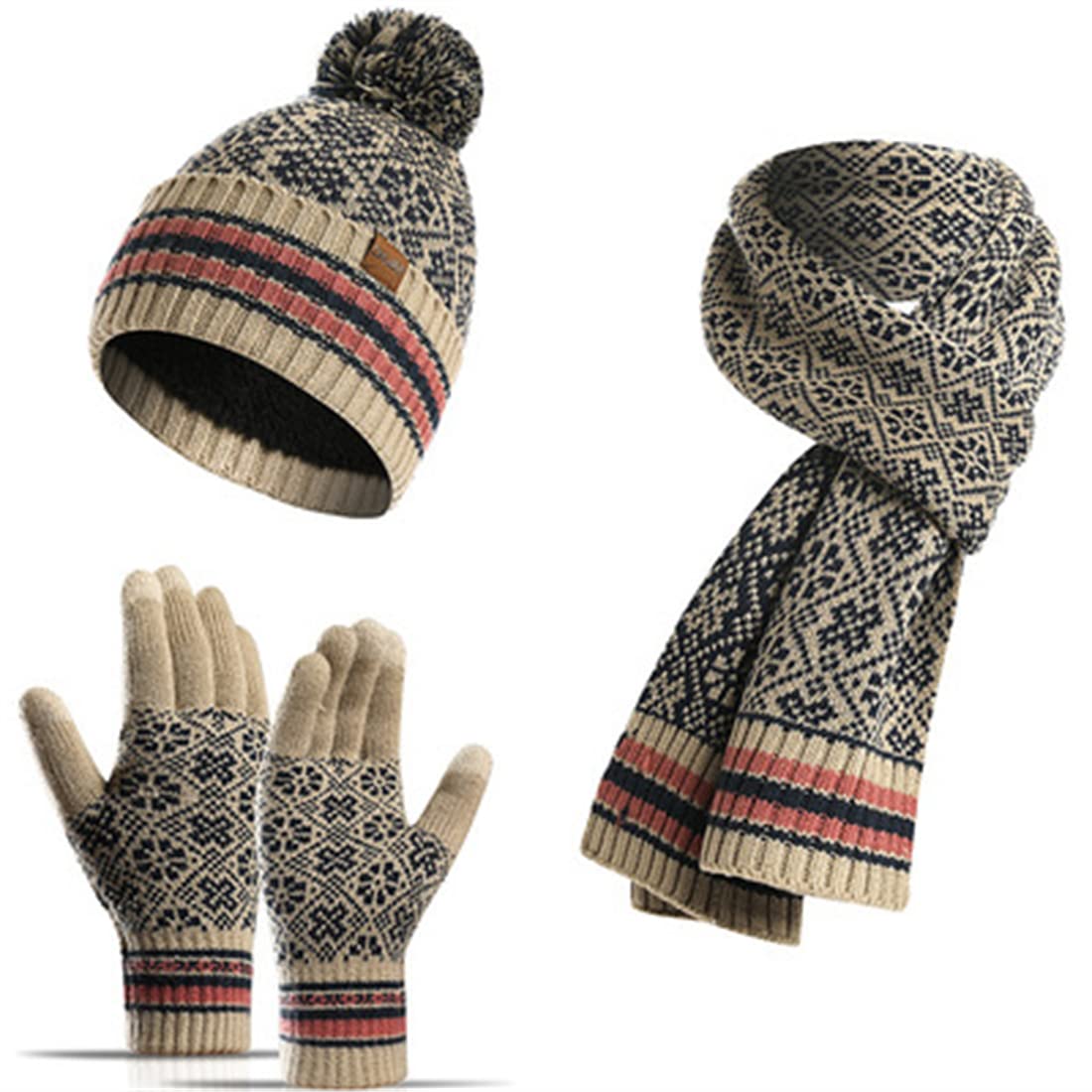 Winter Warm Knit 3-Pcs Set for Men and Women,Stretchy Hat Beanie with Fleece Lined,Long Scarf,Touch Screen Gloves. Beige