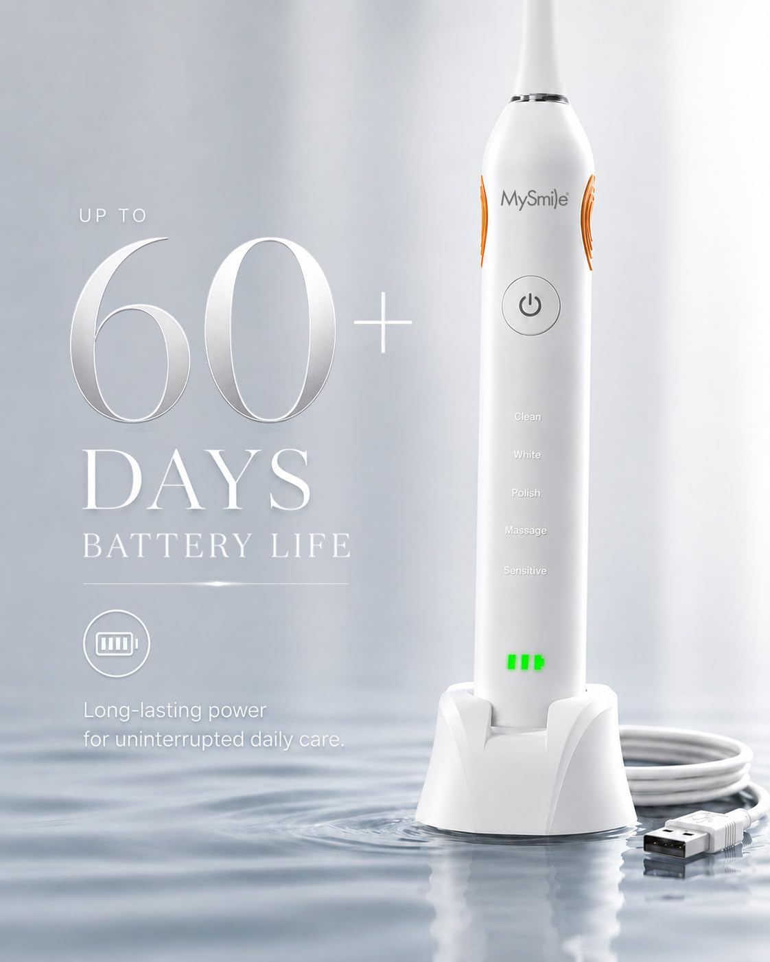 MySmile Spazzolino elettrico serie UC605, con tecnologia avanzata dello spazzolino sonico e durata della batteria ricaricabile di oltre 60 giorni, 5 modalità con SmartTimer e QuadPacer, 6 testine di
