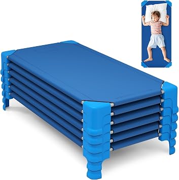 KOTEK Stackable Daycare Cots for Kids, Portable Children Nap Cots, 53" L x 24" W, Ready-to-Assemble, Space Saving Toddler Sleeping Cots for Classroom Preschool 6 Pack, Blue