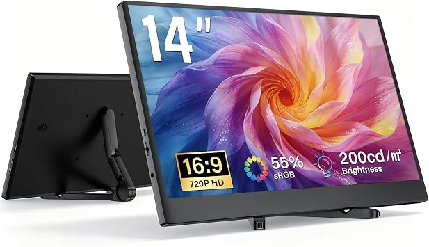 14 Portable Monitor, Portable hdmi Monitor with Built in Speakers, Travel Monitor for Laptops, PC, Mobile Phones, PS, Xbox,720 HD USB C Hdmi Plug and Play External Laptop Screen