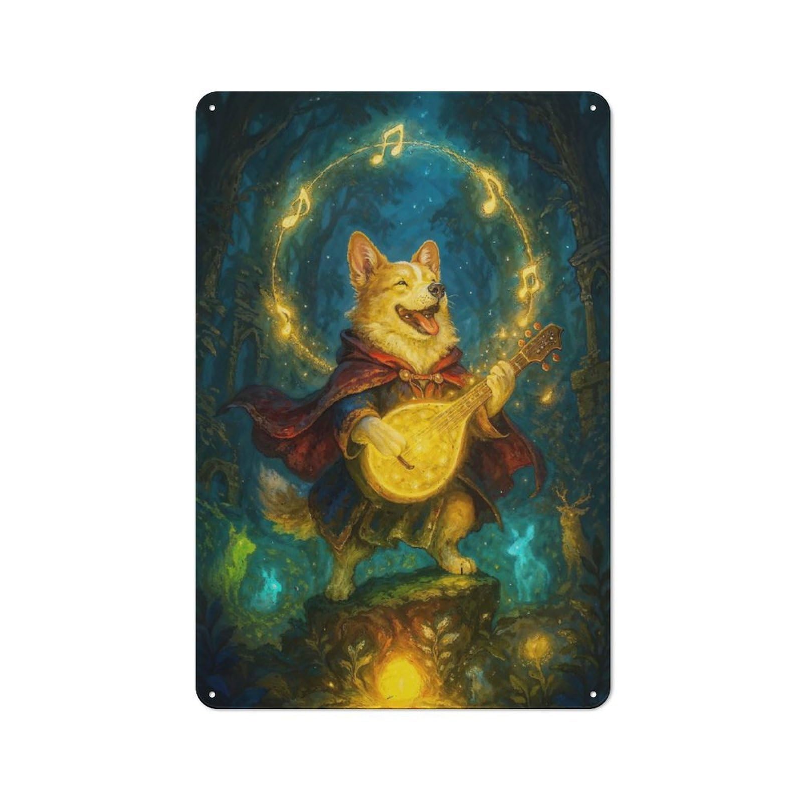 Junmoney Glowy Corgi Bard In Enchanted Forest Vintage Metal Wall Decor 30X20cm, Decorative Metal Plaque For Coffee Bar, Small Shop Or Dining Room