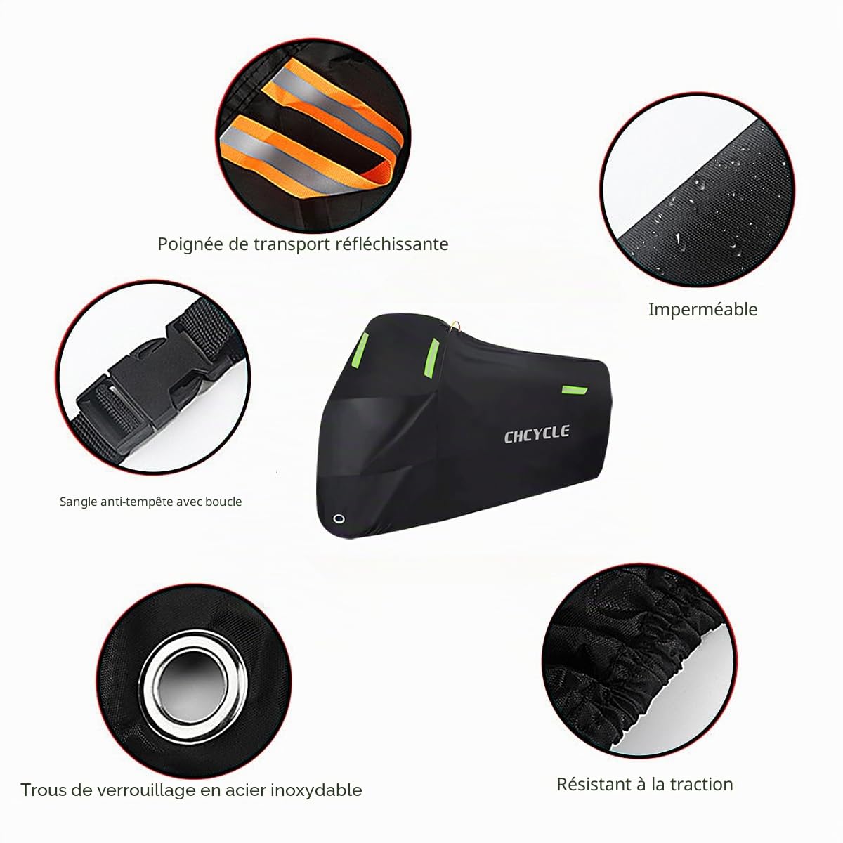 Housse de moto 300D robuste, étanche, toutes saisons, housse universelle pour cyclomoteur, extérieur avec trous de verrouillage et sac de rangement (noir, taille XXL)