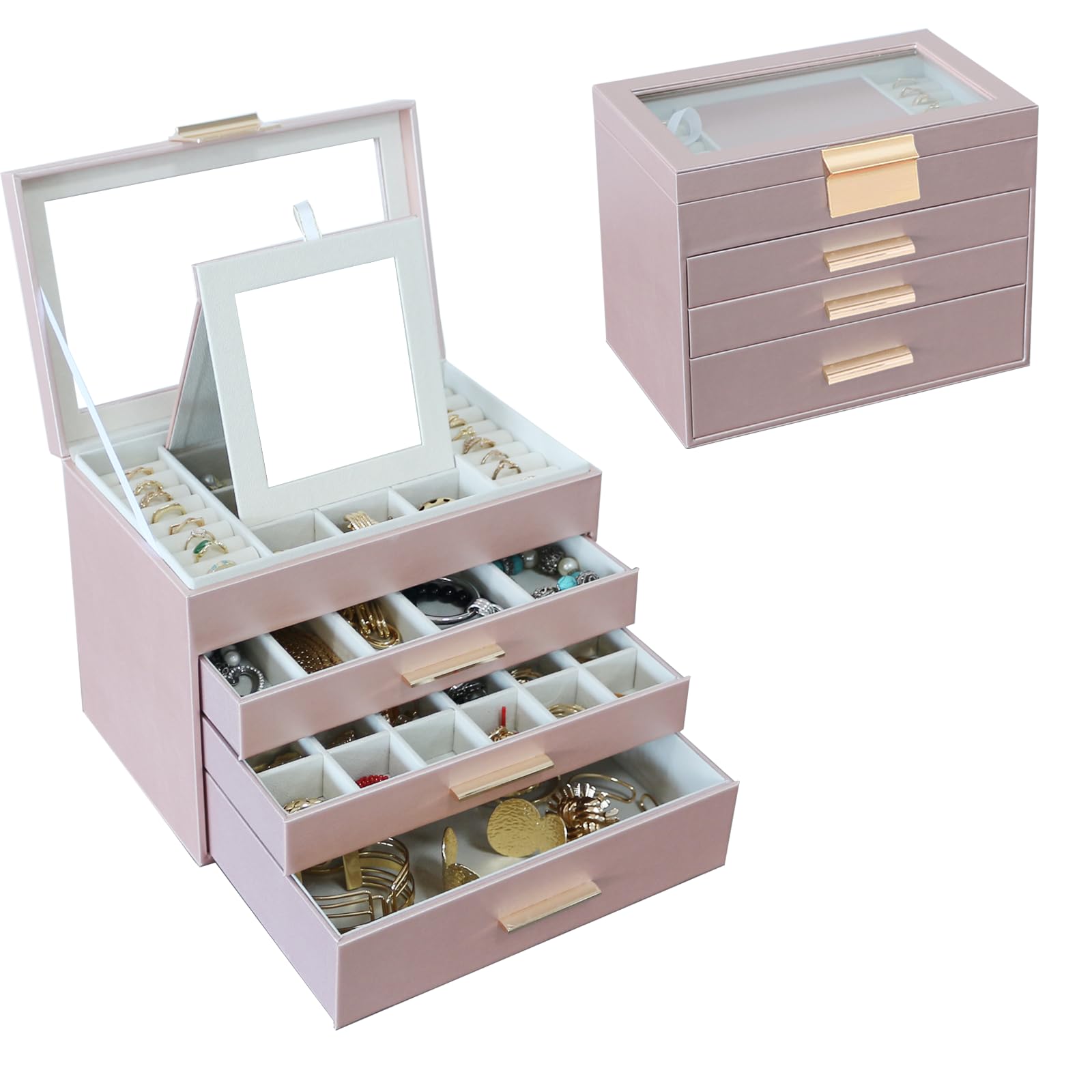 Tian Ye ZhouJewelry Box with Glass Lids, 4 Layer Large Jewelry Holder Organizer with Mirror, White Jewelry Box with 3 Drawers for Sunglasses, Necklace and Bracelet Storage Gifts for Her (Rose Gold)