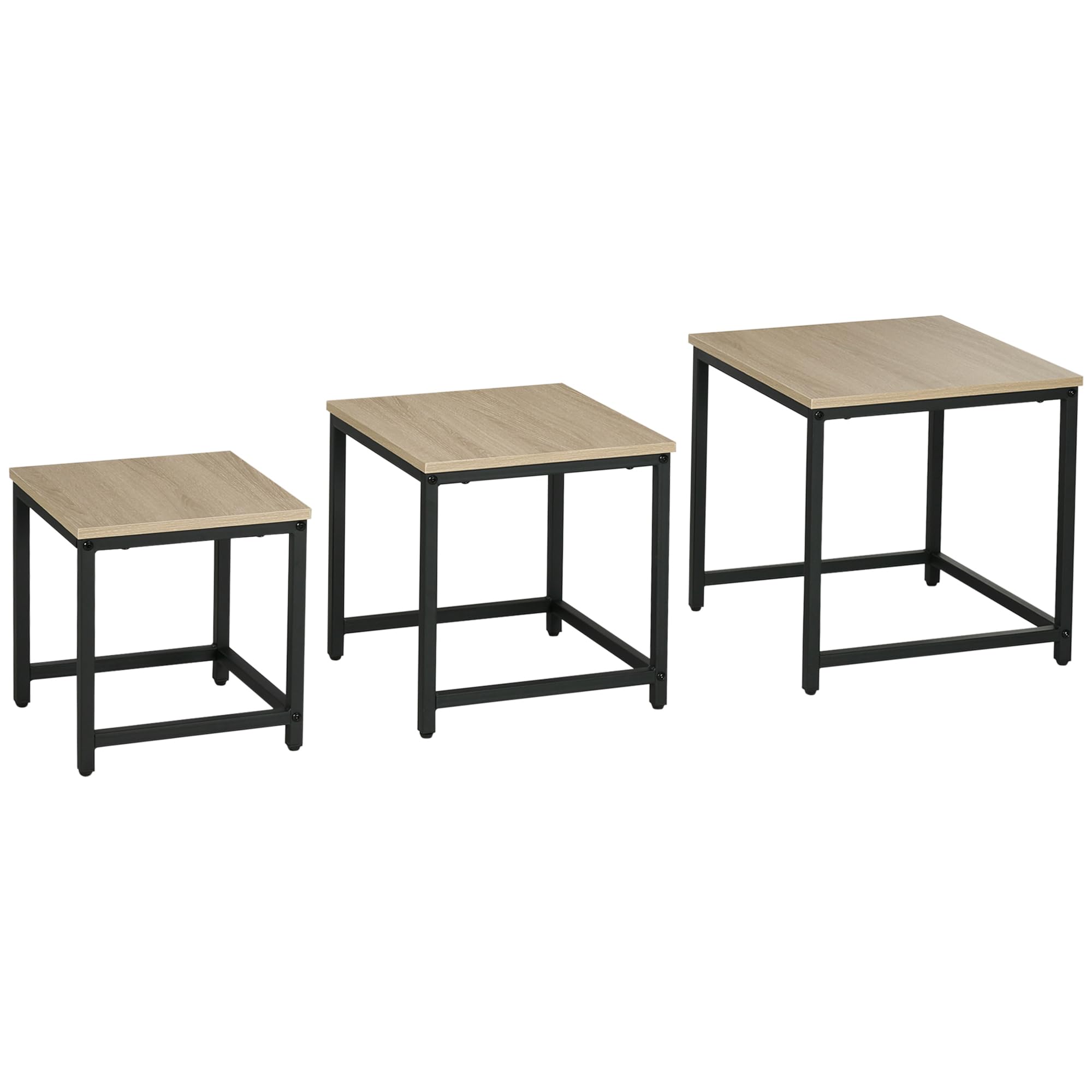 HOMCOM 3er-Set Couchtisch Quadratischer Beistelltisch Stahlrahmen Natur | Sofatisch, Kaffeetisch, Satztisch mit Holzoptik, Wohnzimmertisch im Industriedesign