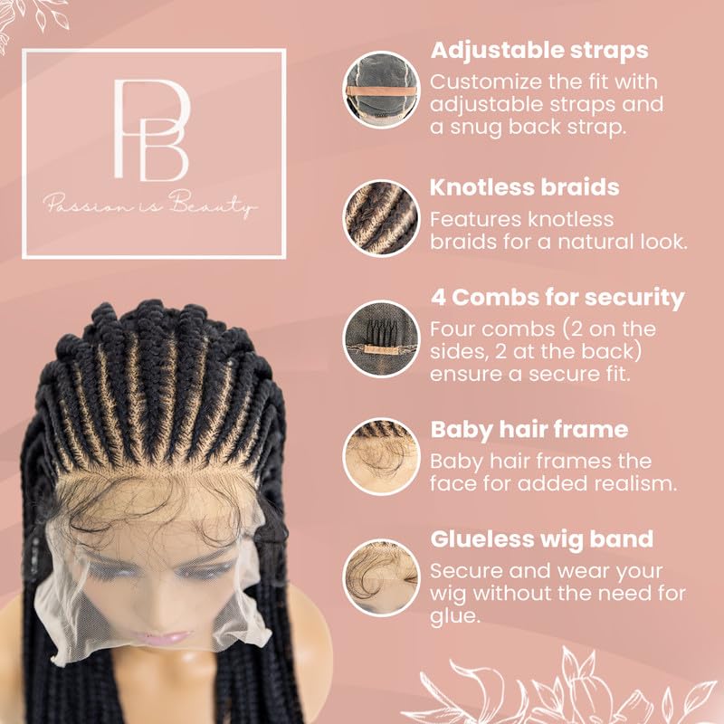 Miniatura 5 de Passion is Beauty - Peluca de encaje completo sin nudos Fulani Box trenzado con pelo de bebé, pelucas de encaje sintético (24 pulgadas, 1B negro