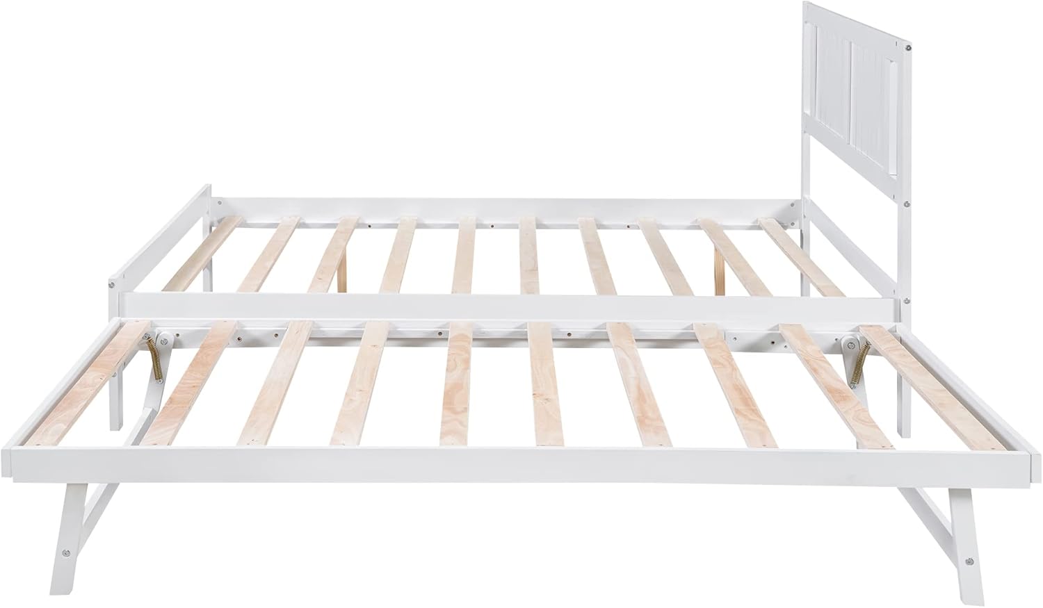 Merax Modern Solid Wood Platform Bed with Adjustable Trundle Bed, Full Size Bed Frame with Headboard, No Box Spring Needed, Space Saving, White