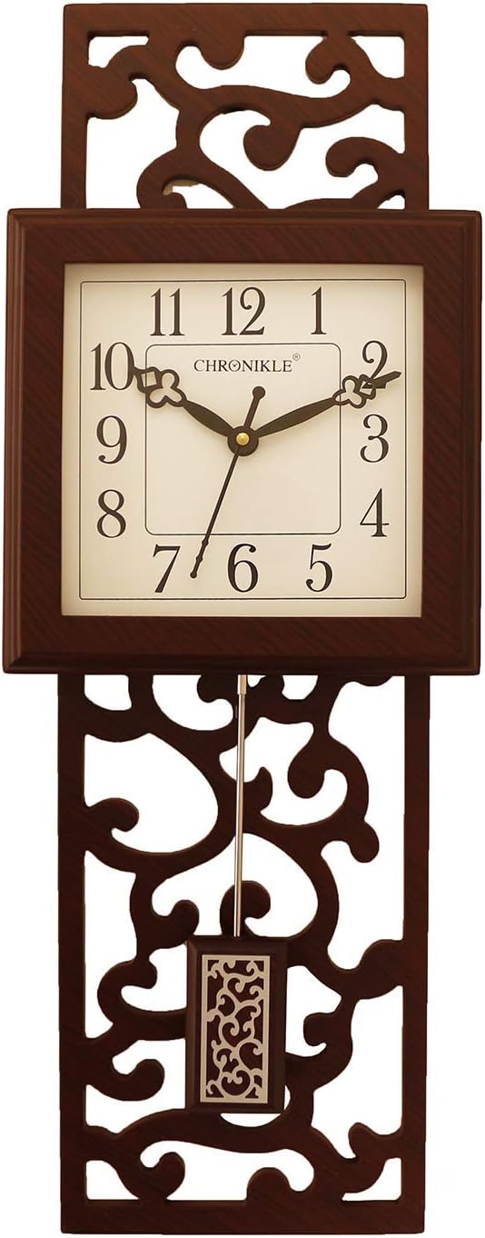 CHRONIKLE Modern Vertical Wooden Case Analog English Numbers Stylish Pendulum Wall Clock for Living Room Home Decor Office Gifts (Size: 19.5 x 6.5 x 55 CM | Weight: 915 Gram | Color: Rosewood)