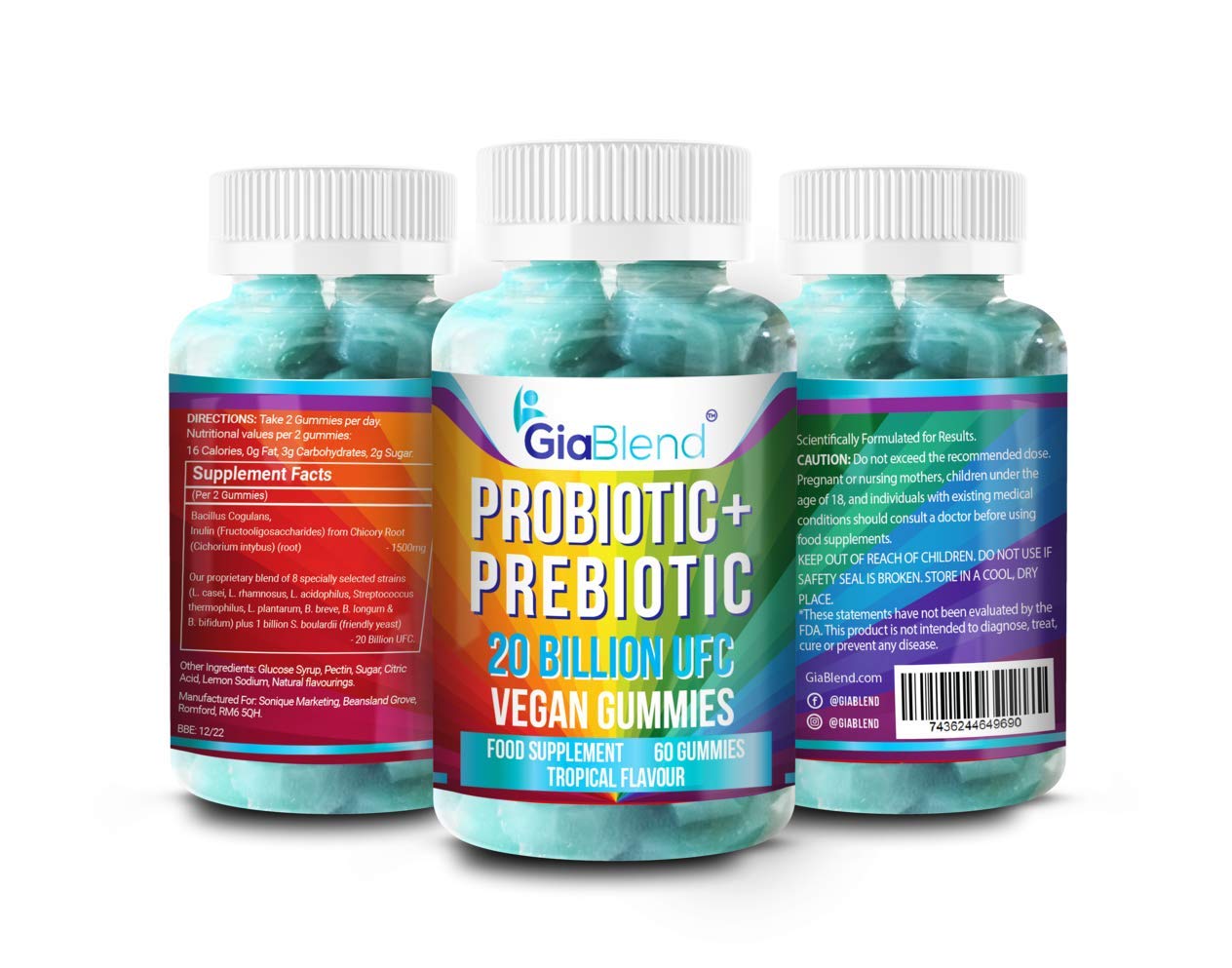 GiaBlend Premium Vegan Prebiotic & Probiotic Gummies - 20 Billion CFU - Non GMO & Gluten Free