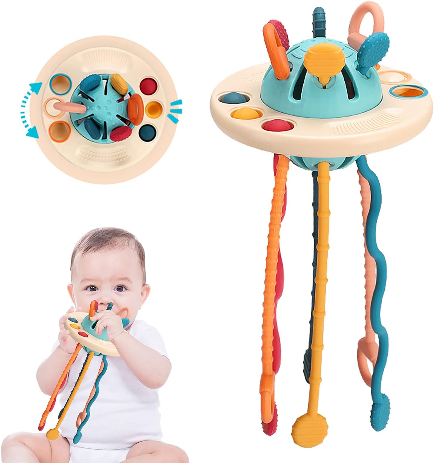 Kidbro Silicone UFO Pull String Interactive Toy, Baby Travel Toys for Airplane and Car, Montessori Toys for 18+ Months Babies, Baby Sensory Toys for Birthday Gifts