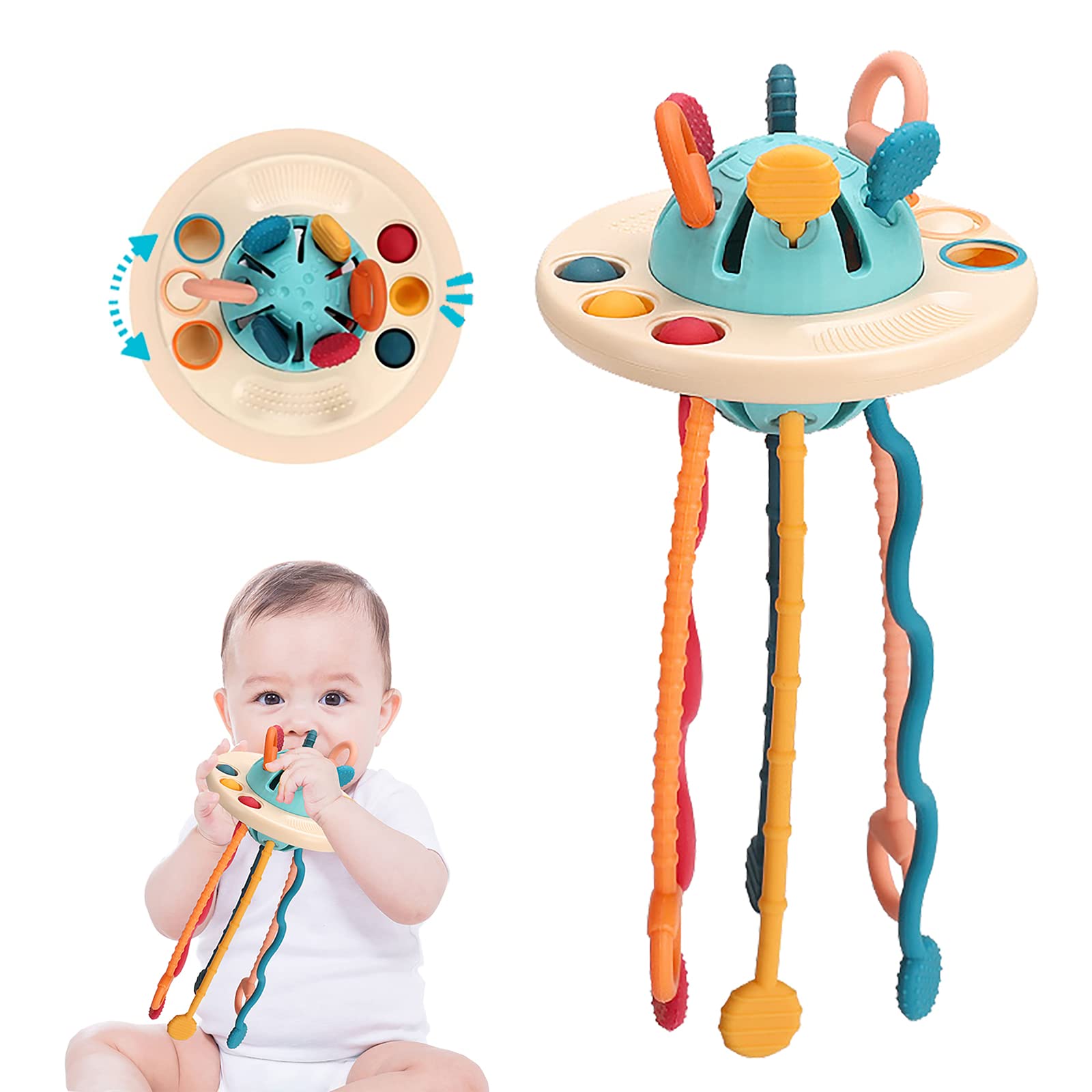 Kidbro Silicone UFO Pull String Interactive Toy, Baby Travel Toys for Airplane and Car, Montessori Toys for 18+ Months Babies, Baby Sensory Toys for Birthday Gifts