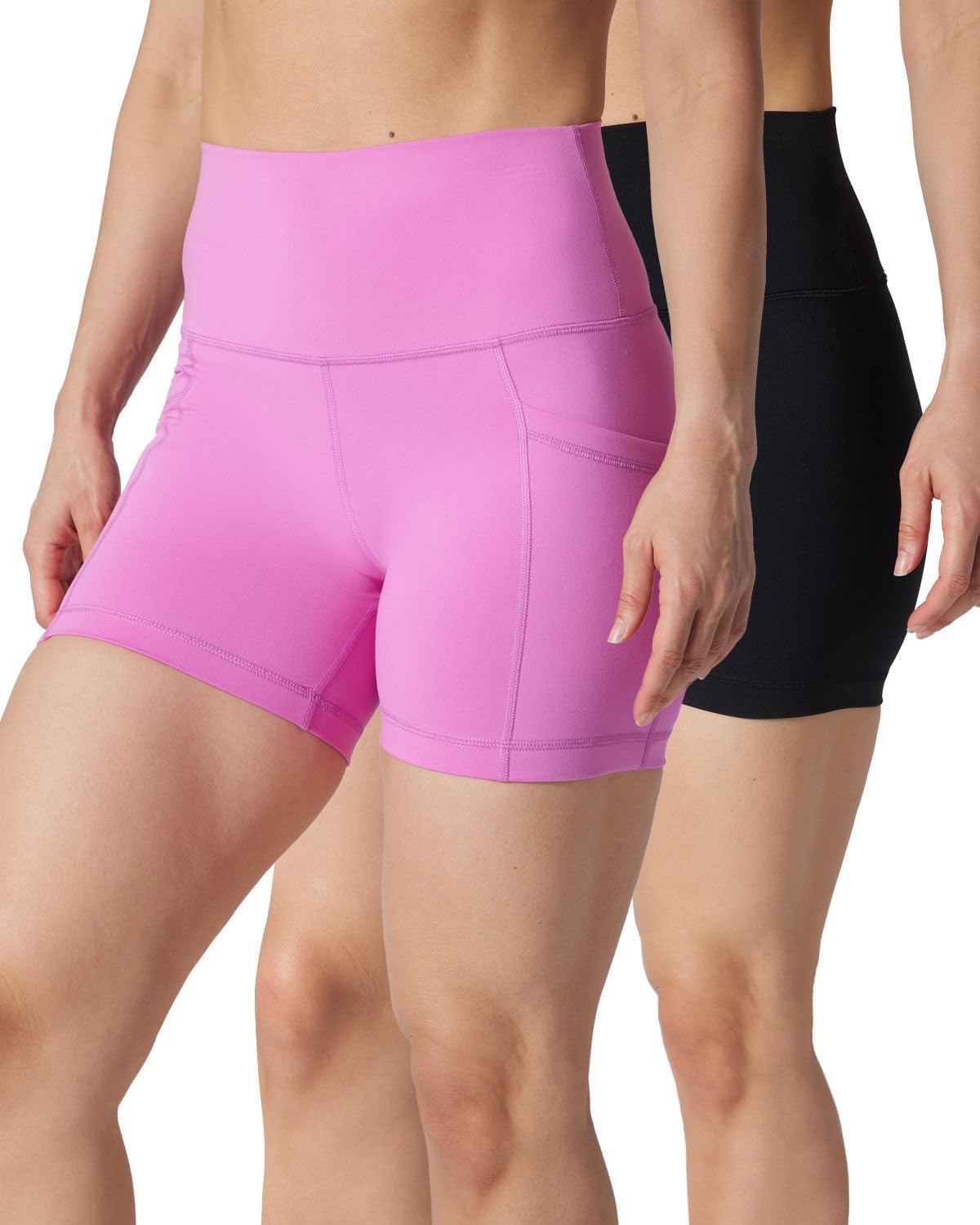 Yogalicious Womens 5”, 7” High Waisted Biker Shorts Squat Proof Workout Yoga Short 2 Pack - Spring Crocus (w/Pocket) / Black (no Pocket) 5" - XL