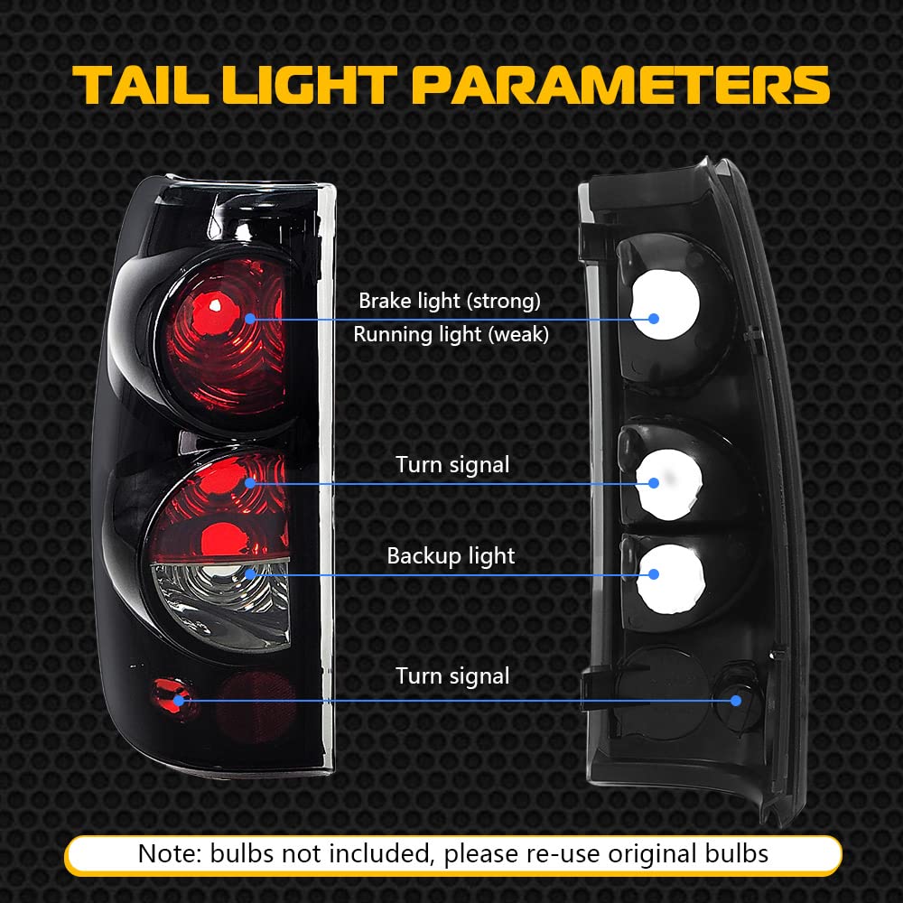 Tail Brake Lights Assembly Rear Lamps Replacement for 1999-2006 Chevy Silverado 1500 2500 3500/2007 Silverado with Classic Body Style/ 1999-2002 GMC Sierra 1500 2500 3500 (Black/Smoke)