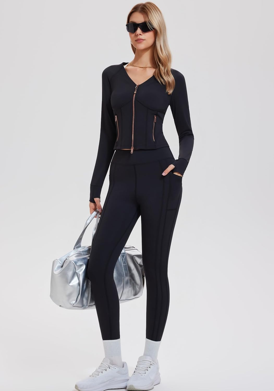 Mudere Women 2 Piece Workout Sets Long Sleeve Zip Up Jacket High Waisted Gym Leggings Yoga Outfit - Image 6