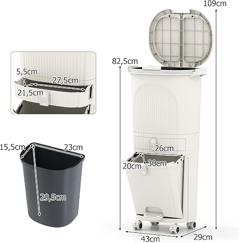 GIANTEX Pattumiera da Cucina 42 L, Pattumiera Verticale per il Riciclo con Ruote, 3 Contenitori Rimovibili, 1 Cassetto e Ganci, Contenitore in PP con Coperchi e Pedale, per Ufficio, Bagno (Crema) - 3