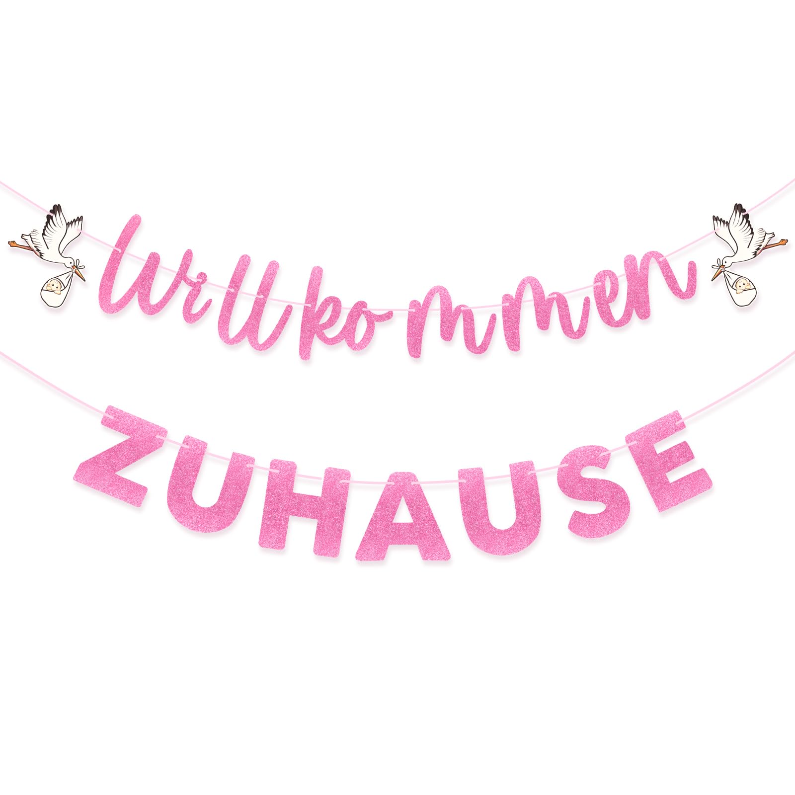 G2PLUS Willkommen Zuhause Girlande: Rosa Baby Banner mit Weißstorch, Neugeborenes Papier Girlande für Mädchen Geburt Heimkehr Party Deko