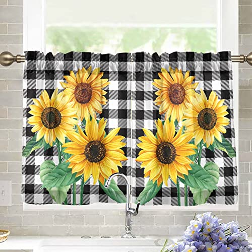 Buffalo Plaid Yellow Sunflower Flower Kitchen Cafe Curtains, 24 Inch Length, Blackout, Short, Light Filtering for Bathroom or Tier Curtains, 2 Panels