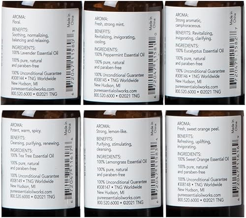 Miniatura 6 de Top 6 Kit de aceites de aromaterapia, aceites esenciales 100% puros de grado terapéutico, lavanda, menta, eucalipto, árbol de té, citronela y