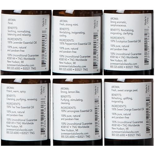Miniatura 6 de Top 6 Kit de aceites de aromaterapia, aceites esenciales 100% puros de grado terapéutico, lavanda, menta, eucalipto, árbol de té, citronela y