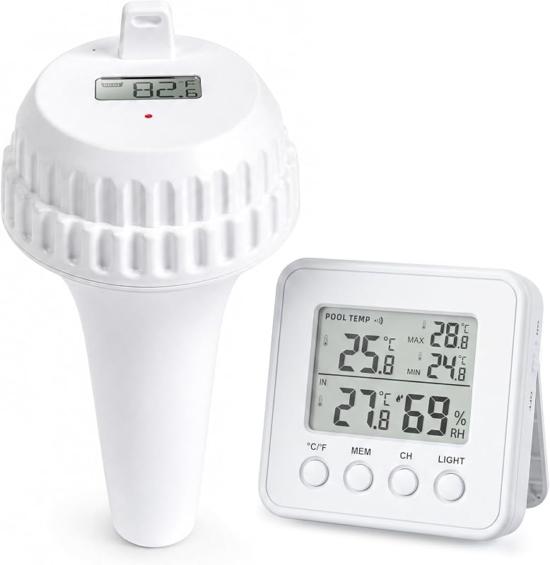 Termómetro Inalámbrico para pileta Flotante con Receptor Digital Interior | Sensor de temperatura impermeable IP67 con pantalla, monitor remoto de alcance de 260 pies para pileta, jacuzzi, spa y humedad interior