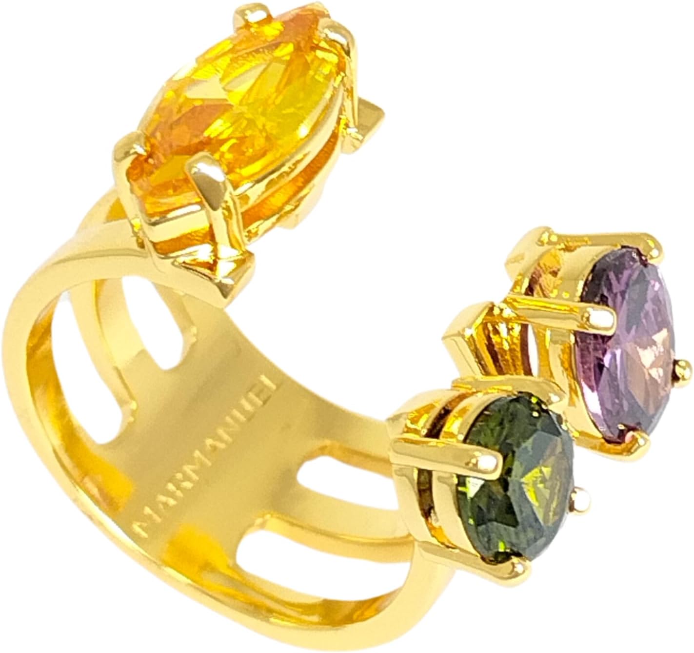 MAR MANUEL Marquiz Rings for Women - Adjustable Ring with Three Zircon Stones, 14K Gold Plated Jewelry - Two Adjustable Sizes for All