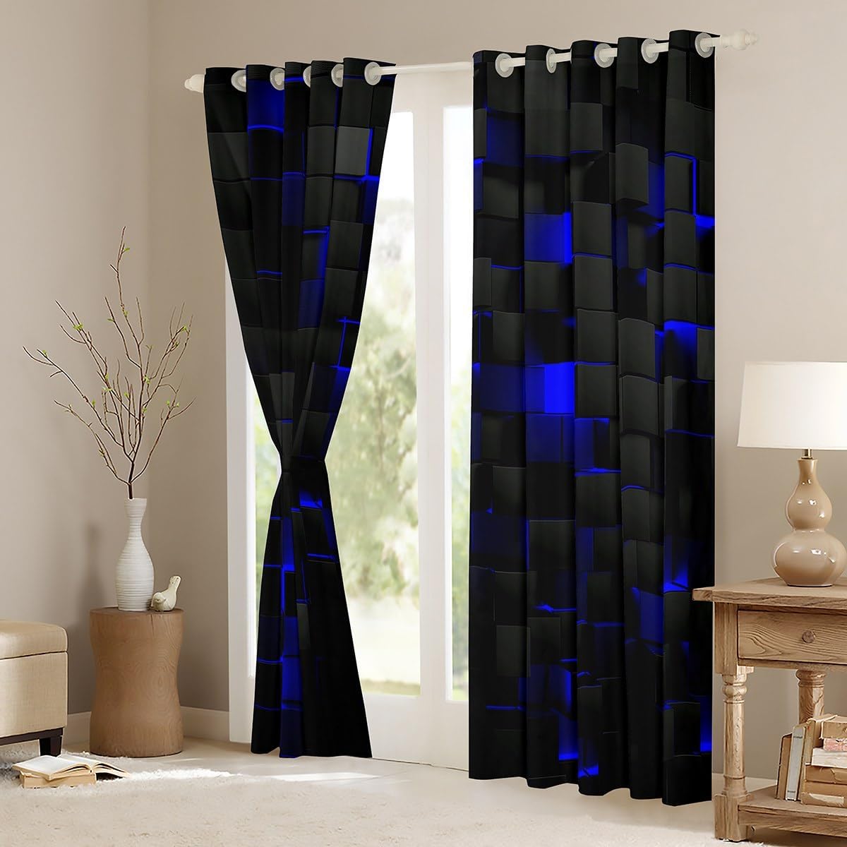 Erosebridal Geometric 50% Blackout Curtains 38" Wx45 L Black Navy Royal Blue Window Curtains for Boys Men Gamer Room Decor,Neon Abstract Stereoscopic Check Grid Plaid Window Drapes 2 Panels - Image 4