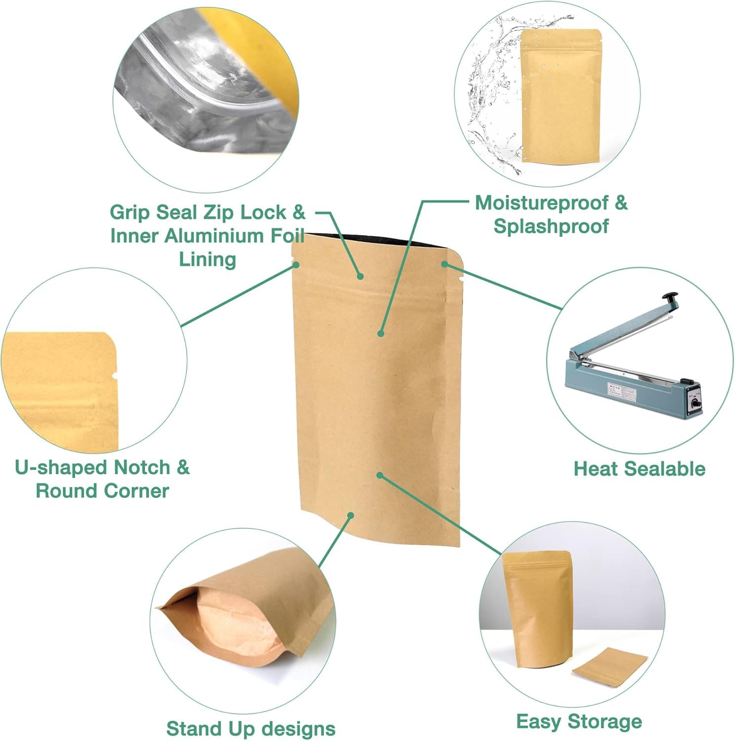 Evergreen Goods - Bolsas reutilizables para alimentos (110 x 185 mm), bolsas de alimentos resellables con forro de papel de estraza con cierre de cremallera, sellado térmico, muesca de desgarro y