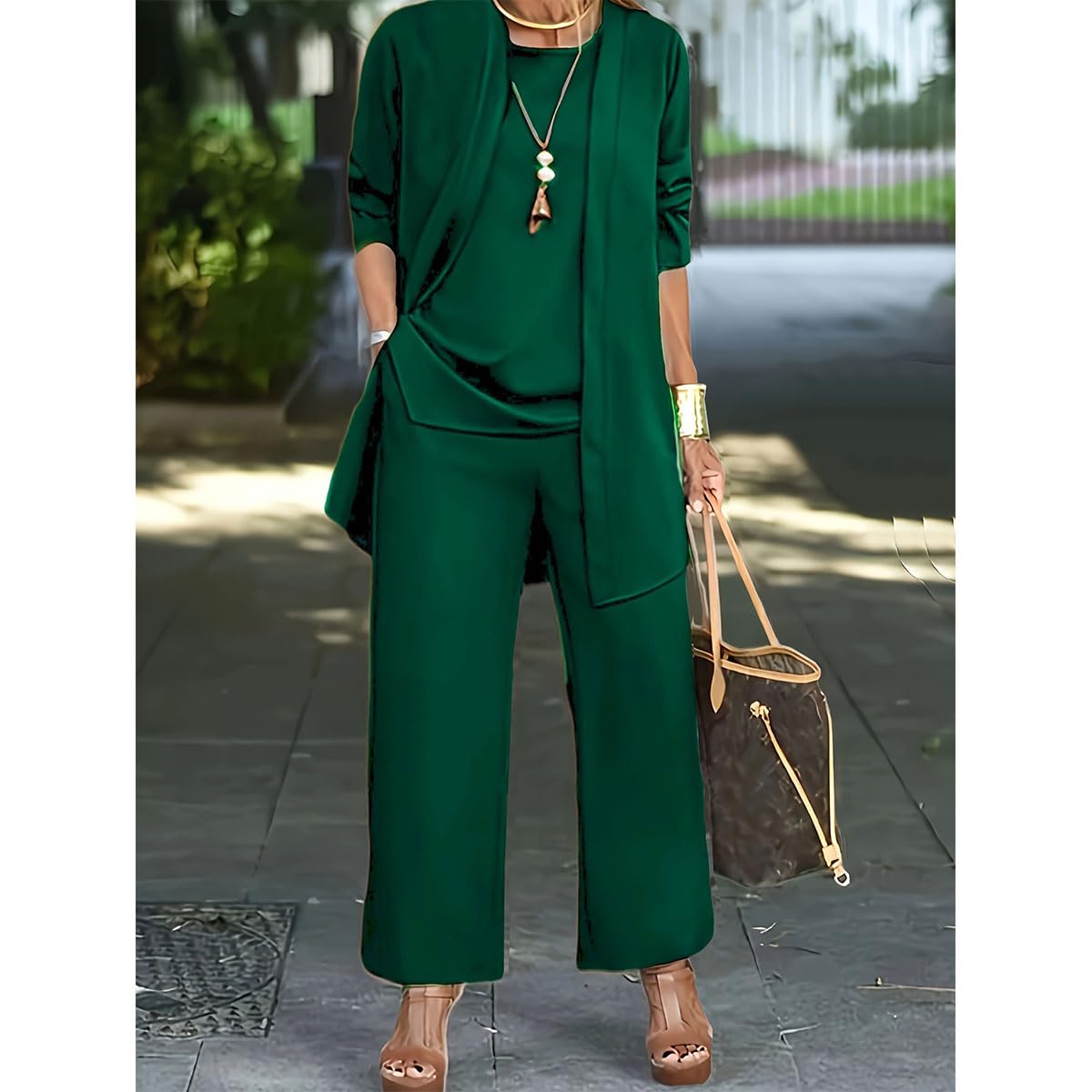 Elegante set da 3 pezzi con cardigan lungo e pantaloni, completo da viaggio per invitati a nozze da donna