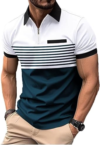 Mens Polo Shirts Short Sleeve Casual Polo T Shirt Color Block Slim Fit Golf Shirts with Pocket