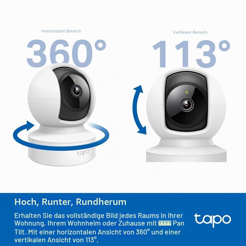 Tapo C202 360° WLAN Überwachungskamera, Ethernet/Wi-Fi-Anschluss,1080P HD, Bewegungsverfolgung, Nachtsicht, Zwei-Wege-Audio, kompatibel mit Alexa und Google Assistant, bis zu 512GB Lokale Speicherung