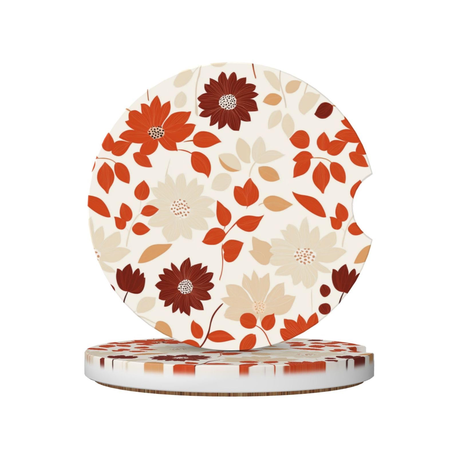 Dahlia Flowers Botanical Motifs Orange Beige Ceramic Coasters,2pcs