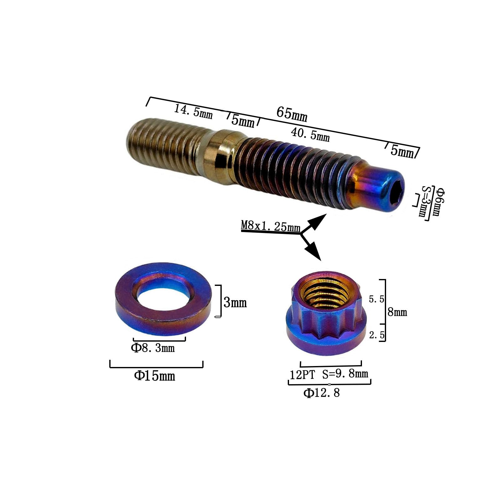 RISON-Titanium 6 Set Titan Auspuffkrümmer Stehbolzen Kit M8x1.25x65mm, GR5 Titan Ansaugung Auspuff Bolzen und Muttern Kit, Krümmerstehbolzen passend für Ford, Honda (Gebrannt Blau)