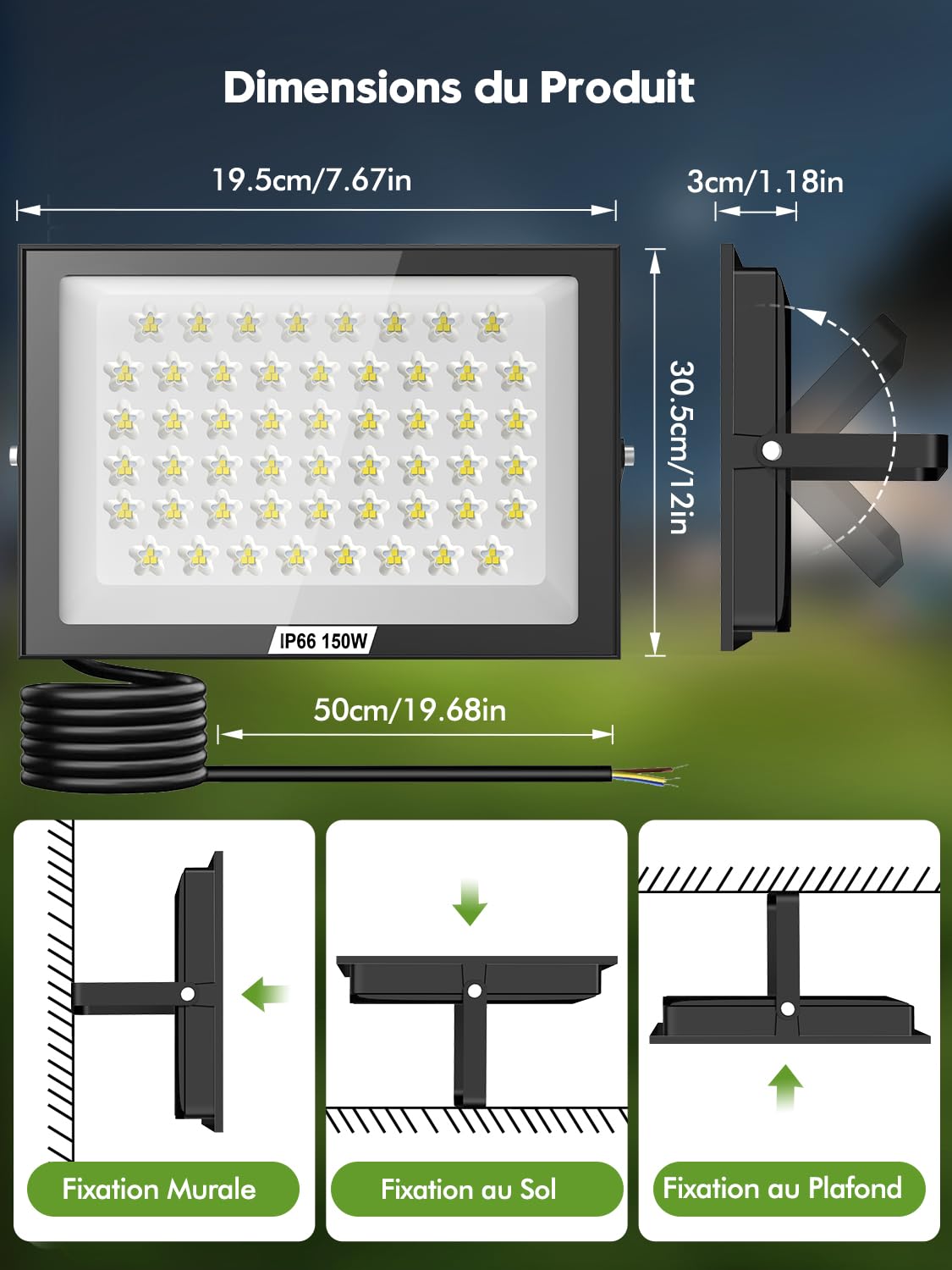 Projecteur LED Exterieur 150W 2 Pièces,15000LM Super Lumineux Spot LED Extérieur,6500K Blanc Froid Spot Extérieur Puissant,IP66 Étanche Eclairage Exterieur pour Jardin, Terrasse, Garage, Terrasse