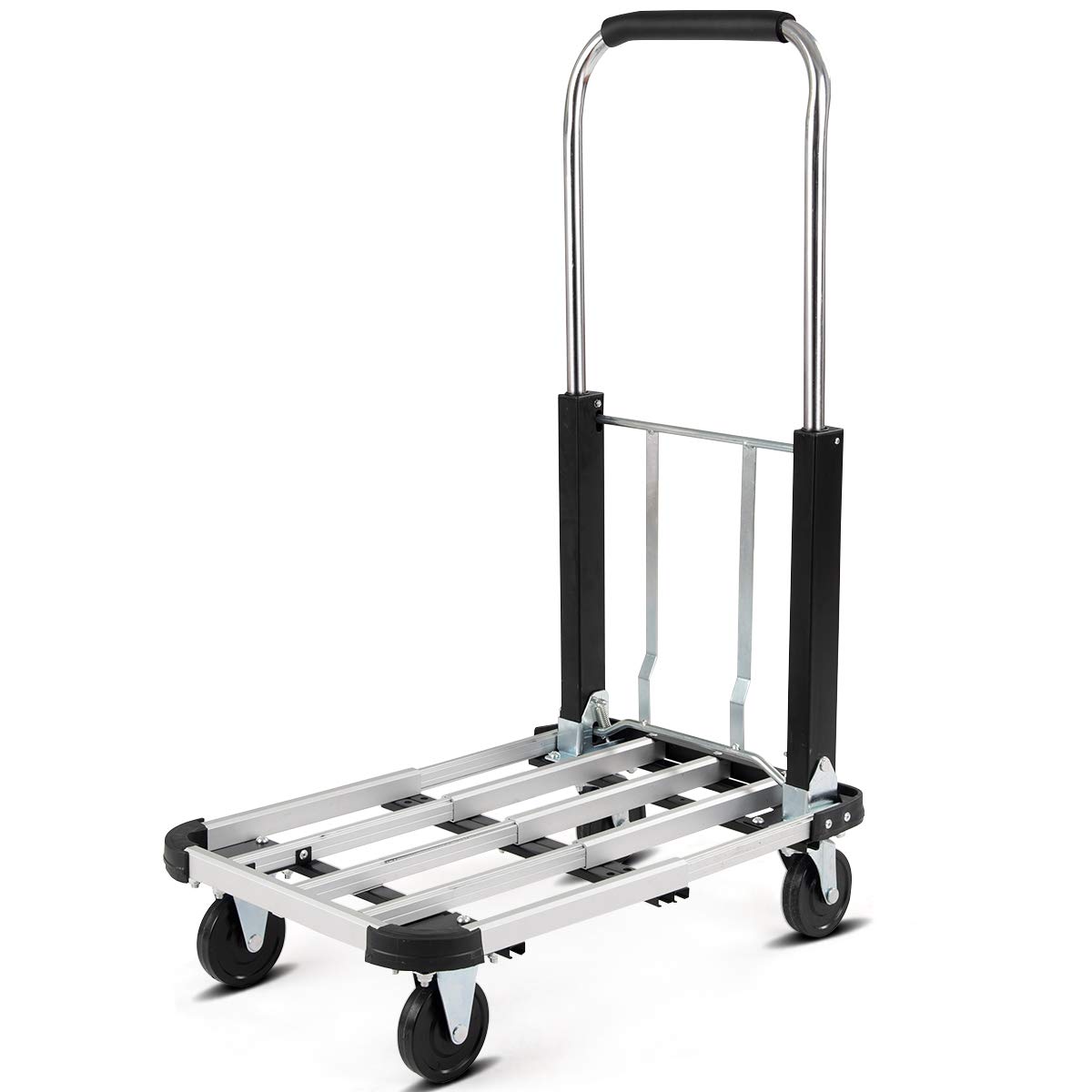 Goplus Folding Platform Truck Heavy Duty Portable 4-Wheel Dolly Cart, Height and Length Adjustable, 330-lb Capacity, Silver