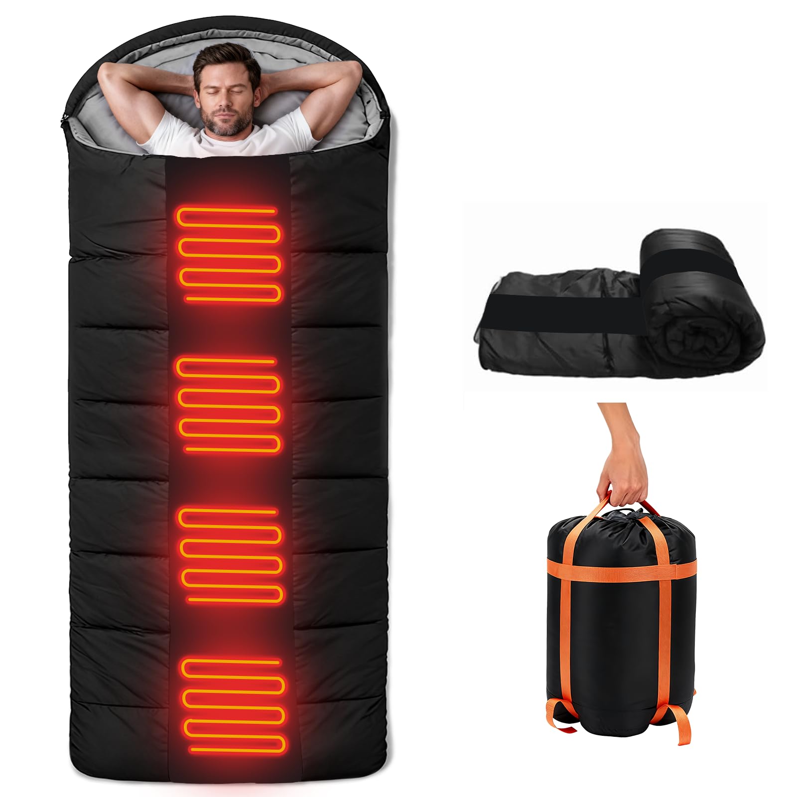 Sac de couchage 3-4 saisons pour adultes et enfants, léger et compact, lavé à l'eau pour le camping, la chasse, etc. (Noir)