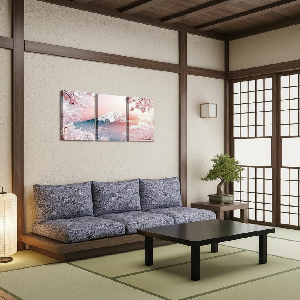 Pink Cherry Blossom Framed Pictures Wall Decor Snow Mountain Landscape Paintings Dining Room Wall Decor Spring Japanese Style Poster Wall Art Decorations for Bedroom Set of 3
