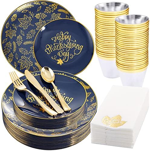Morejoy 175PCS Thanksgiving Plastic Plates, Blue Gold Thanksgivin...