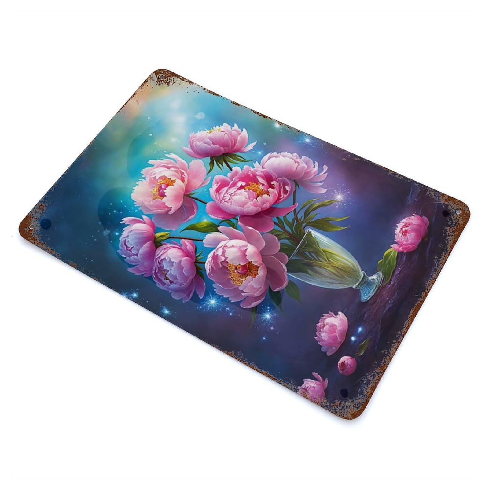 Garage Style Pink Peonies in A Vase Aged Metal Wall Plaque 11.8"x7.9", Farmhouse Wall Decor for Bar And Workshop