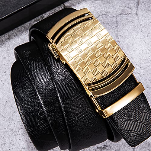 Dubulle LXHDK-2269DE-110-A Men'S Ratchet Belt Fashion Gold Plaid Design Automatic Slid Buckle Black Ratchet Belt Trim To Fit Business Casual Belt thumb #2