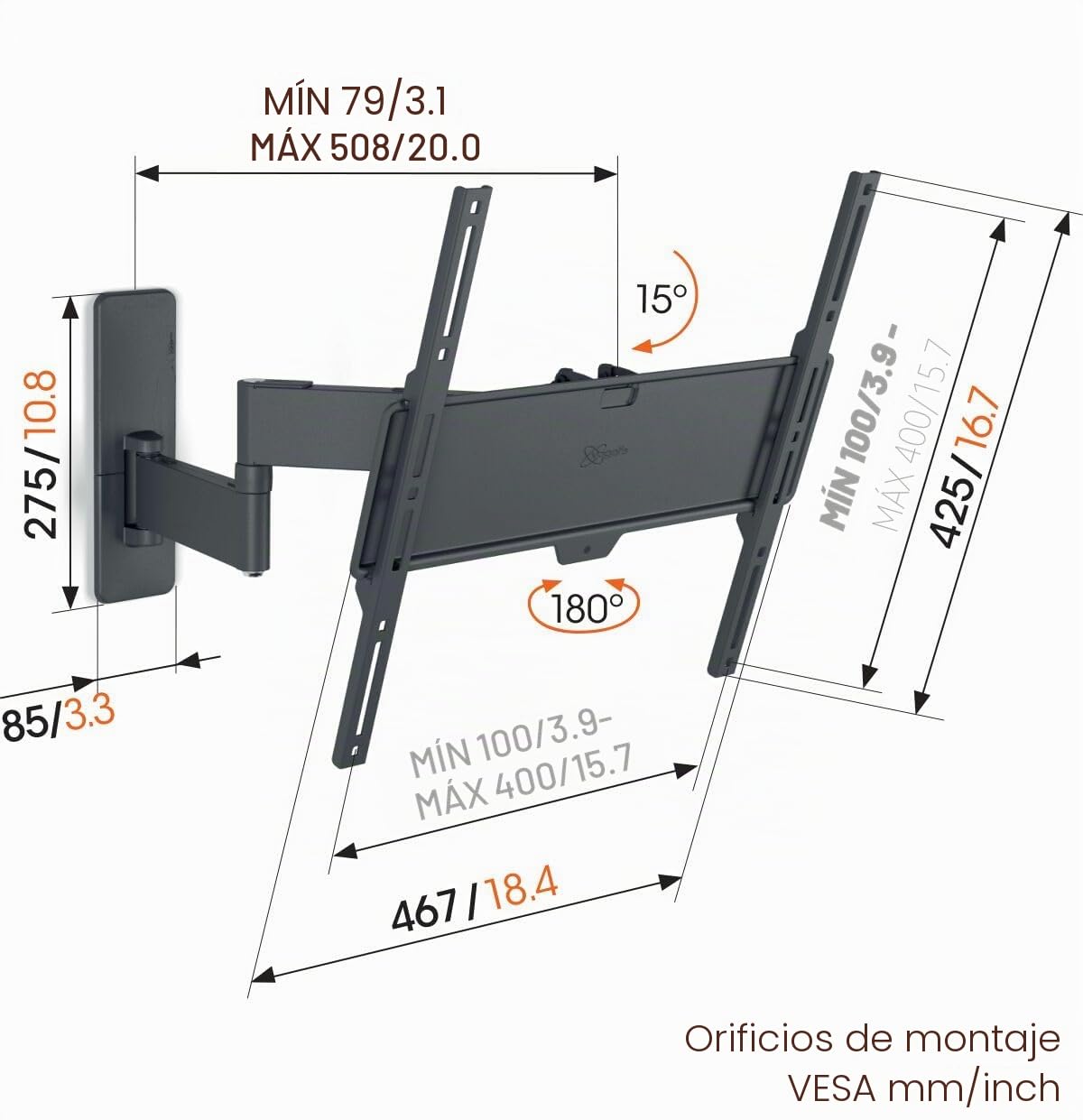 Vogel's TVM 1445 Soporte TV Giratorio para televisores de Entre 32 a 65 Pulgadas, Máx 25 kg, Gira hasta 180º, Inclinable hasta 15º, Soporte para TV máx. VESA 400x400, Compatibilidad Universal