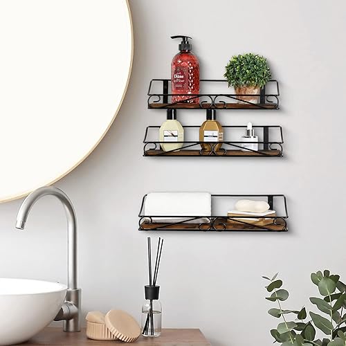 Miniatura 3 de MyGift Estante de exhibición de alambre de metal negro montado en la pared con base de madera quemada maciza, tarros colgantes para condimentos de