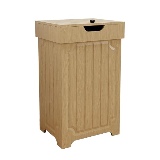 Povrgive Wood Trash Can Cabinet, 13 Gallon Hidden Kitchen Garbage Can with Lid, Farmhouse Dog Proof Trash Can, Metal Ring Included, 16" L x 13" W x 26.5" H, Wood